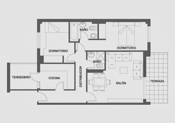Ejemplo de distribución de un piso en las refomas Barcelona